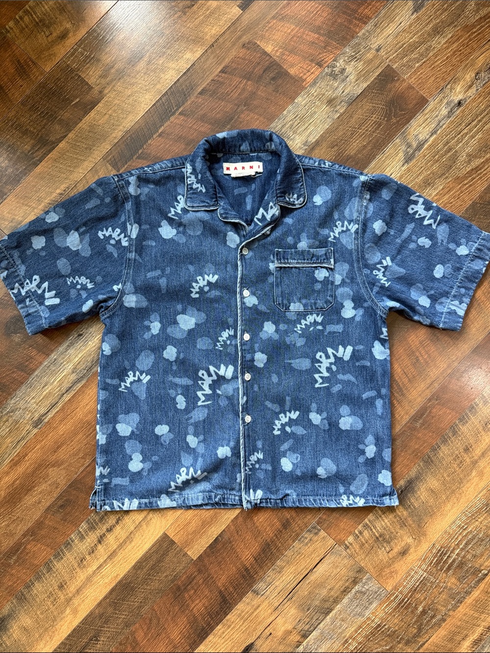 Marni 2024 Graffiti Print Denim Camp Shirt Size 46 Made in Italy